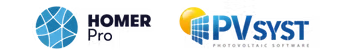 Logos de los software Homer Pro y PVsyst para diseño solar