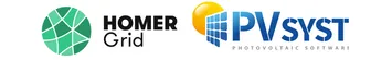 Logos de los software Homer Pro y PVsyst para diseño solar